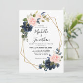 Rustic Wood Navy Blue Blush Pink Geometric Wedding Kaart (Staand voorkant)