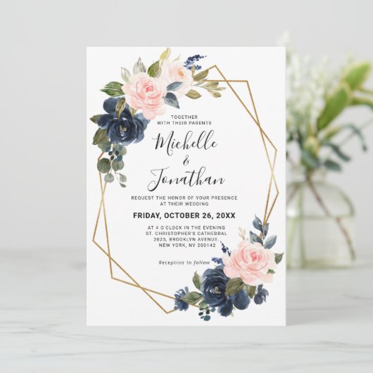 Rustic Wood Navy Blue Blush Pink Geometric Wedding Kaart (Staand voorkant)