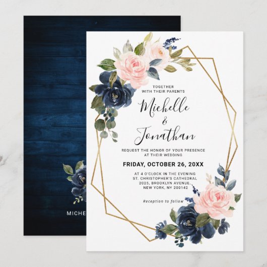 Rustic Wood Navy Blue Blush Pink Geometric Wedding Kaart (Voorkant / Achterkant)