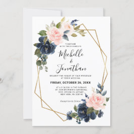 Rustic Wood Navy Blue Blush Pink Geometric Wedding Kaart