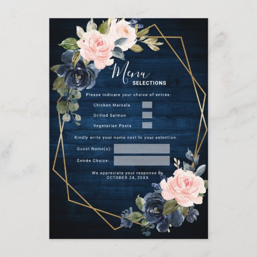 Rustic Wood Navy Blue Blush Pink Geometric Wedding Menu (Voorkant)