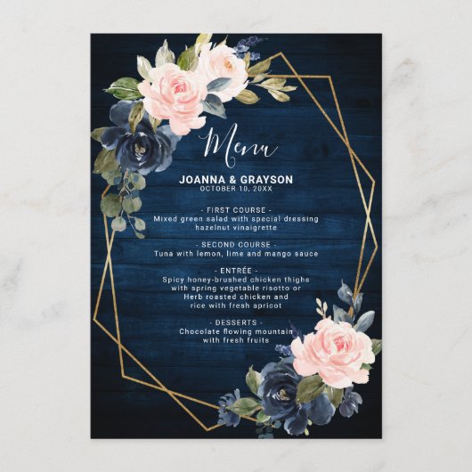 Rustic Wood Navy Blue Blush Pink Geometric Wedding Menu (Voorkant)