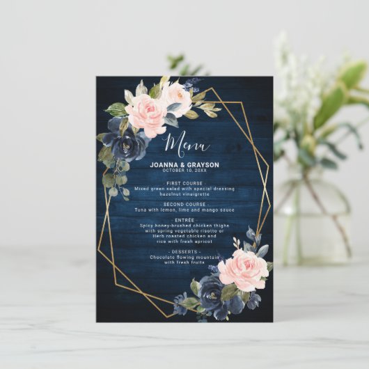 Rustic Wood Navy Blue Blush Pink Geometric Wedding Menu (Staand voorkant)
