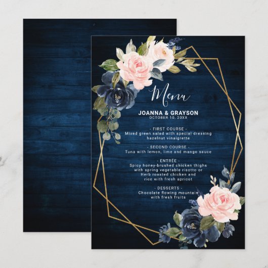 Rustic Wood Navy Blue Blush Pink Geometric Wedding Menu (Voorkant / Achterkant)