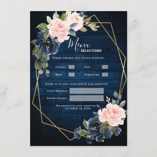 Rustic Wood Navy Blue Blush Pink Geometric Wedding Menu (Voorkant)