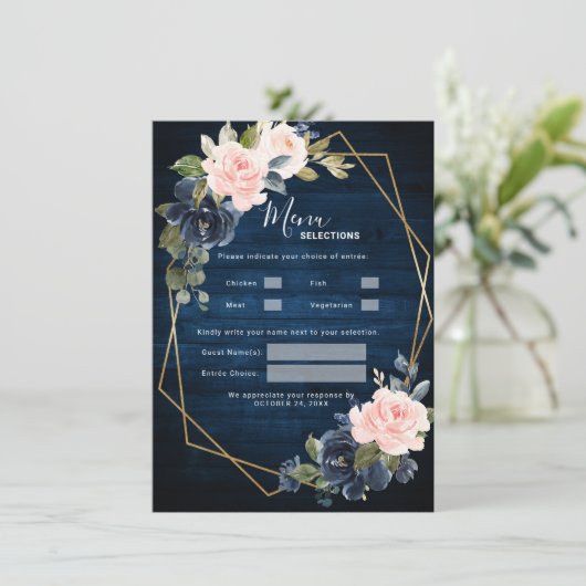Rustic Wood Navy Blue Blush Pink Geometric Wedding Menu (Staand voorkant)