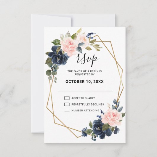 Rustic Wood Navy Blue Blush Pink Geometric Wedding RSVP Kaartje (Voorkant)