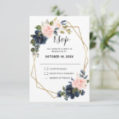 Rustic Wood Navy Blue Blush Pink Geometric Wedding RSVP Kaartje (Staand voorkant)