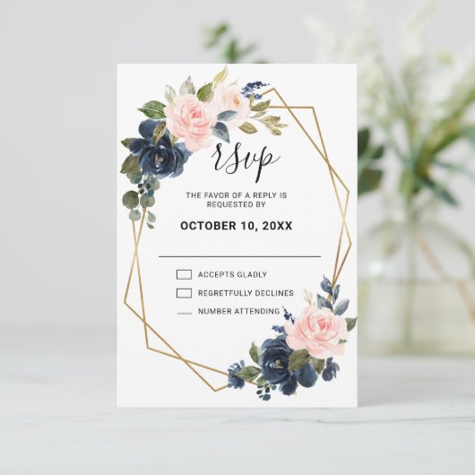 Rustic Wood Navy Blue Blush Pink Geometric Wedding RSVP Kaartje (Staand voorkant)