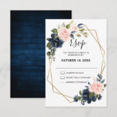 Rustic Wood Navy Blue Blush Pink Geometric Wedding RSVP Kaartje (Voorkant / Achterkant)