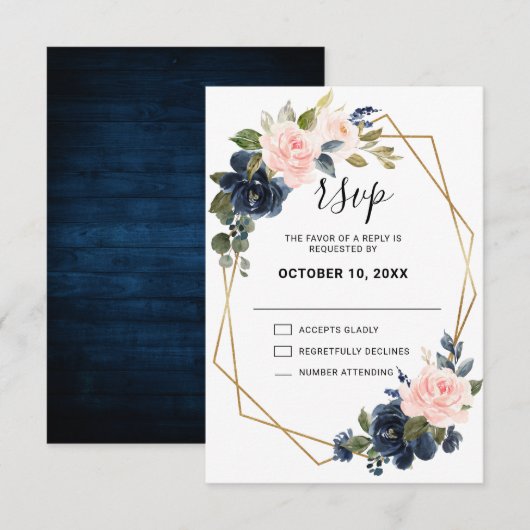 Rustic Wood Navy Blue Blush Pink Geometric Wedding RSVP Kaartje (Voorkant / Achterkant)