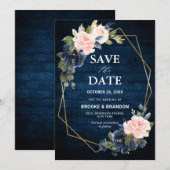 Rustic Wood Navy Blue Blush Pink Geometric Wedding Save The Date (Voorkant / Achterkant)