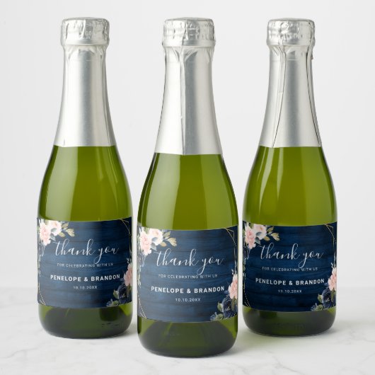 Rustic Wood Navy Blue Blush Pink Geometric Wedding Sparkling Wijnetiket (Flessen)