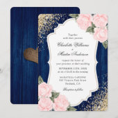 Rustic Wood Navy Blue Blush Roos Confetti Wedding Kaart (Voorkant / Achterkant)