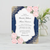 Rustic Wood Navy Blue Blush Roos Confetti Wedding Kaart (Staand voorkant)