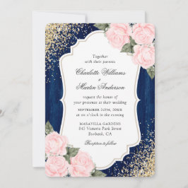 Rustic Wood Navy Blue Blush Roos Confetti Wedding Kaart