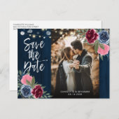 Rustic Wood Navy Blue Burgundy Foto bewaart de dat Briefkaart (Voorkant / Achterkant)