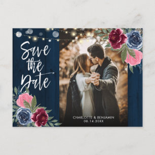 Rustic Wood Navy Blue Burgundy Foto bewaart de dat Briefkaart