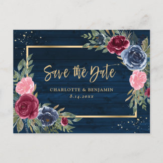 Rustic Wood Navy Blue Burgundy Gold Save the Date Aankondigingskaart