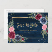 Rustic Wood Navy Blue Burgundy Gold Save the Date Aankondigingskaart (Voorkant / Achterkant)