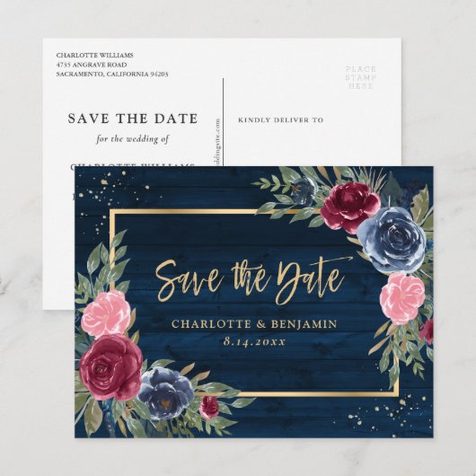 Rustic Wood Navy Blue Burgundy Gold Save the Date Aankondigingskaart (Voorkant / Achterkant)