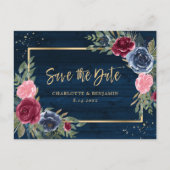 Rustic Wood Navy Blue Burgundy Gold Save the Date Aankondigingskaart (Voorkant)