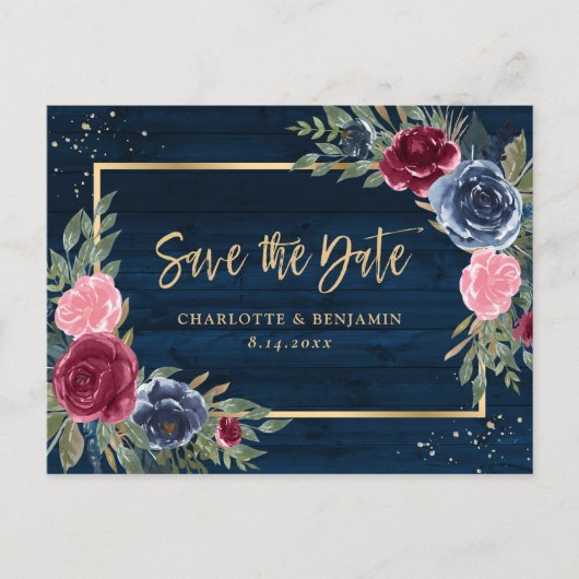 Rustic Wood Navy Blue Burgundy Gold Save the Date Aankondigingskaart (Voorkant)