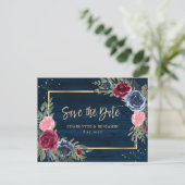 Rustic Wood Navy Blue Burgundy Gold Save the Date Aankondigingskaart (Staand voorkant)