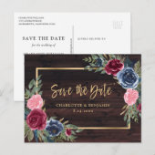 Rustic Wood Navy Blue Burgundy Gold Save the Date Aankondigingskaart (Voorkant / Achterkant)