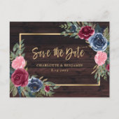 Rustic Wood Navy Blue Burgundy Gold Save the Date Aankondigingskaart (Voorkant)