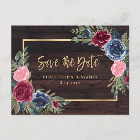 Rustic Wood Navy Blue Burgundy Gold Save the Date Aankondigingskaart (Voorkant)