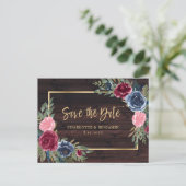 Rustic Wood Navy Blue Burgundy Gold Save the Date Aankondigingskaart (Staand voorkant)