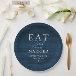 Rustic Wood Navy Blue Eat Drink, gehuwd Papieren Bordje