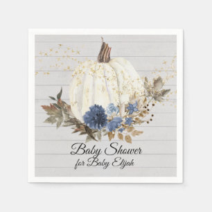 Rustic Wood Navy Blue Floral Pumpkin Baby shower Servet