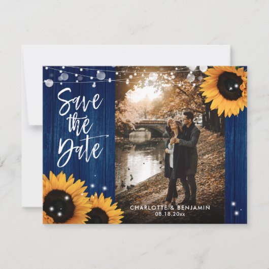 Rustic Wood Navy Blue Sunflower Weddenfoto Save The Date (Voorkant)