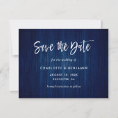 Rustic Wood Navy Blue Sunflower Weddenfoto Save The Date (Achterkant)