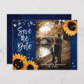 Rustic Wood Navy Blue Sunflower Weddenfoto Save The Date (Voorkant / Achterkant)