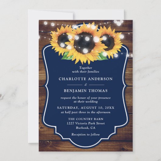 Rustic Wood Navy Blue Sunflower Wedding Kaart (Voorkant)