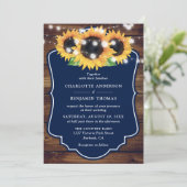 Rustic Wood Navy Blue Sunflower Wedding Kaart (Staand voorkant)