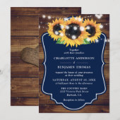 Rustic Wood Navy Blue Sunflower Wedding Kaart (Voorkant / Achterkant)