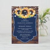Rustic Wood Navy Blue Sunflower Wedding Kaart (Staand voorkant)