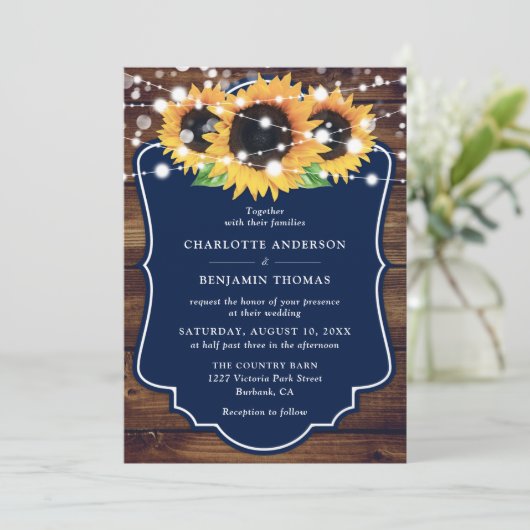 Rustic Wood Navy Blue Sunflower Wedding Kaart (Staand voorkant)