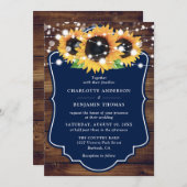 Rustic Wood Navy Blue Sunflower Wedding Kaart (Voorkant / Achterkant)