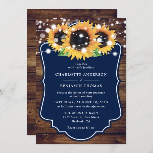Rustic Wood Navy Blue Sunflower Wedding Kaart (Voorkant / Achterkant)