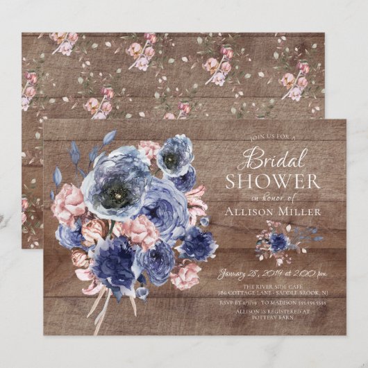 Rustic Wood Navy Blush Bloemen Vrijgezellenfeest Kaart (Voorkant / Achterkant)