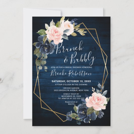 Rustic Wood Navy Blush Geometric Brunch and Bubble Kaart (Voorkant)