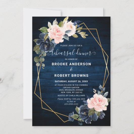 Rustic Wood Navy Blush Geometric Rehearsal Dinner Kaart (Voorkant)