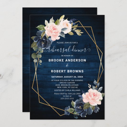Rustic Wood Navy Blush Geometric Rehearsal Dinner Kaart (Voorkant / Achterkant)