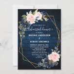 Rustic Wood Navy Blush Geometric Rehearsal Dinner Kaart<br><div class="desc">Donkerblauw,  met de florale geometrische repetitie Uitnodiging met elegante bouquet van blauw van de marine,  koninklijk blauw,  wit,  zwart roos en groene eucalyptusbladeren en elegant glitter geometrisch neutraal lijst. Neem contact met mij op voor hulp bij aanpassingen of als u een ander product nodig hebt met dit ontwerp</div>