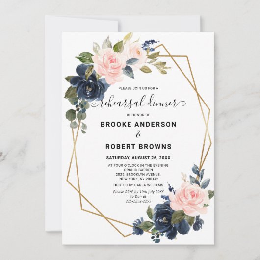Rustic Wood Navy Blush Geometric Rehearsal Dinner Kaart (Voorkant)